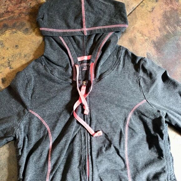 Motherhood Maternity Gray Pink Hoodie Zip Up Ruching Side Jacket Medium - Picture 7 of 9